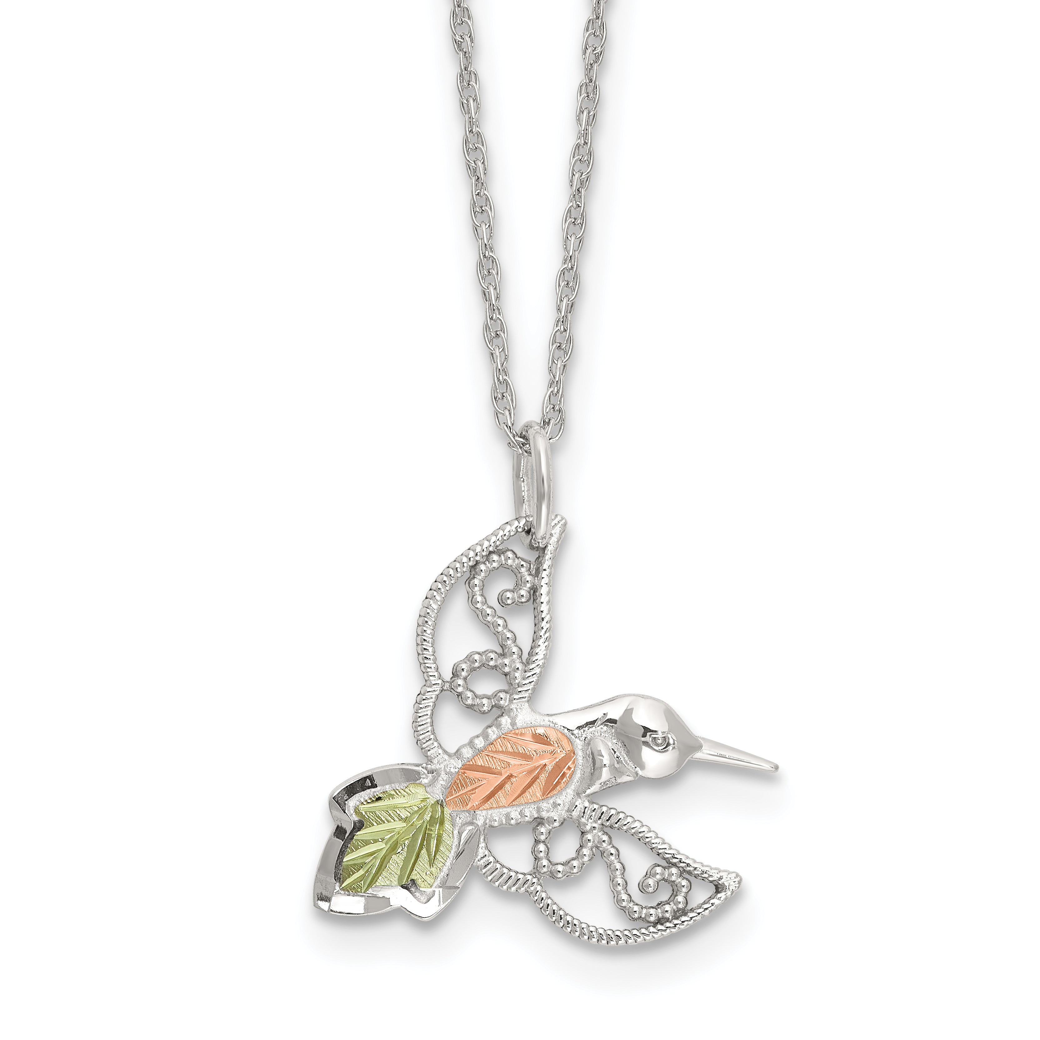 Sterling Silver Rhod-pltd w/12K Accents Hummingbird 18in Necklace