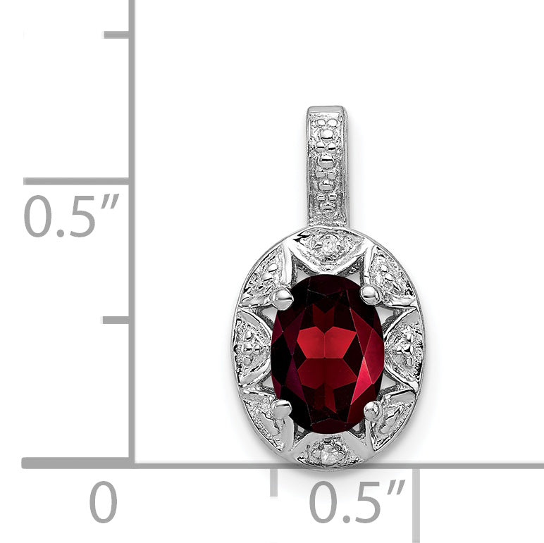 Sterling Silver 925 Garnet & Diamond Pendant with Polished Rhodium Finish