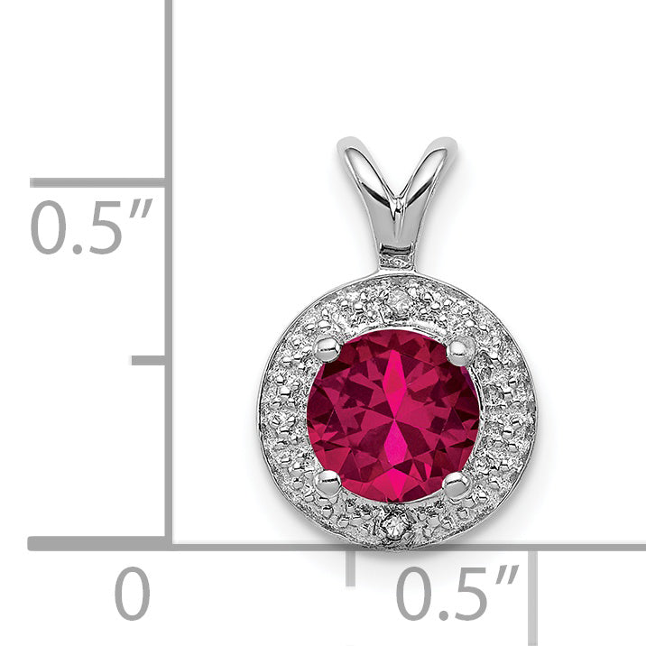 Sterling Silver Rhodium-Plated Ruby and Diamond Halo Pendant  Elegant July Birthstone