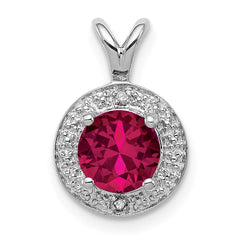 Sterling Silver Rhodium Plated Lab Created Ruby and .010 ctw Diamond Halo Pendant