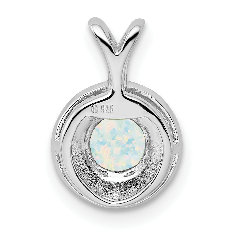 Sterling Silver Opal & Diamond Pendant with Rhodium Finish – Elegant Birthstone Design