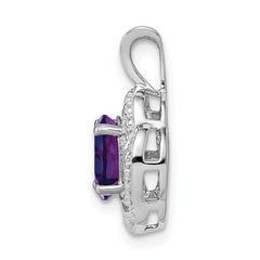 Sterling Silver 925 Amethyst & Diamond Pendant Rhodium-Plated Polished Oval Birthstone