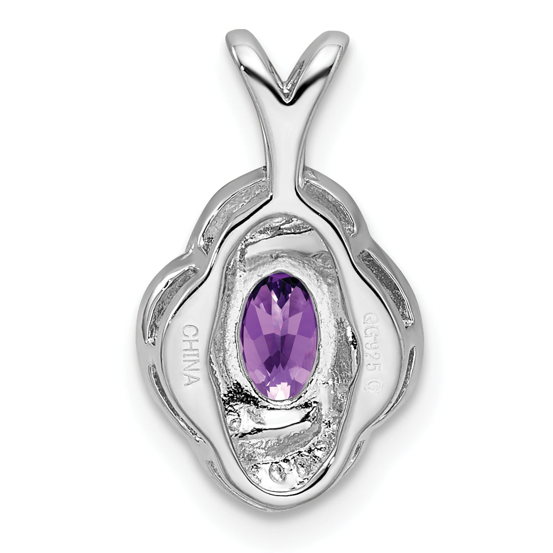 Sterling Silver 925 Amethyst & Diamond Pendant Rhodium-Plated Polished Oval Birthstone