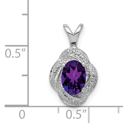 Sterling Silver 925 Amethyst & Diamond Pendant Rhodium-Plated Polished Oval Birthstone