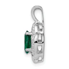 Sterling Silver Rhodium-Plated Oval Emerald & Diamond Pendant  Polished Finish