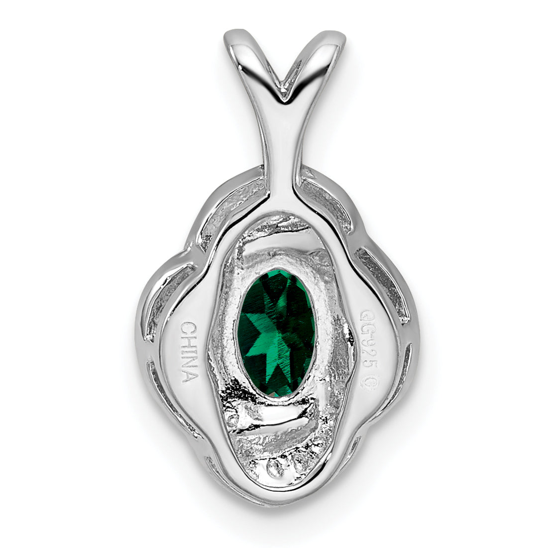 Sterling Silver Rhodium-Plated Oval Emerald & Diamond Pendant  Polished Finish