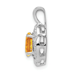 Sterling Silver Citrine & Diamond Pendant with Rhodium Finish – Polished Oval Design