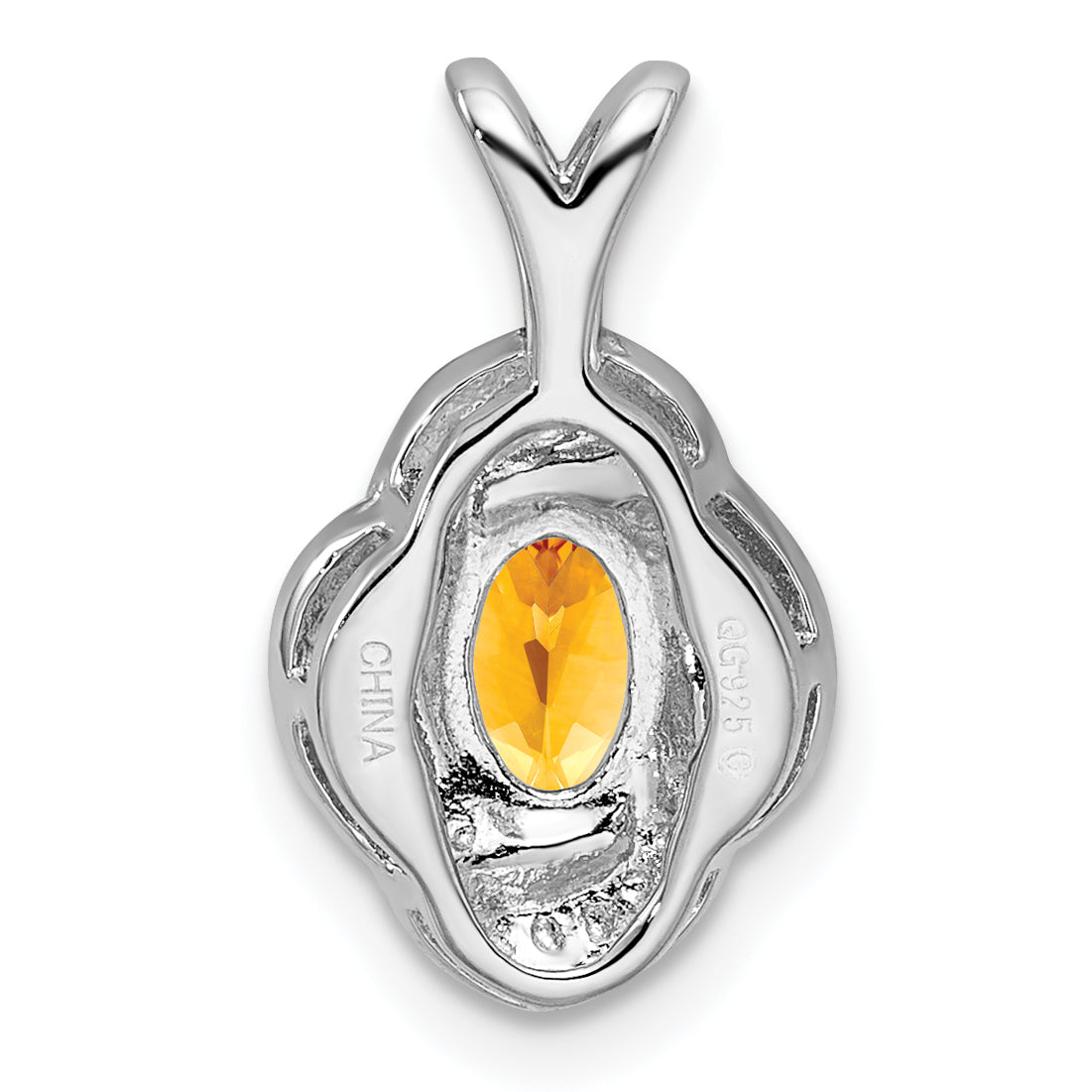 Sterling Silver Citrine & Diamond Pendant with Rhodium Finish – Polished Oval Design