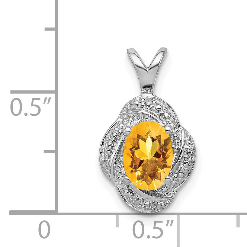 Sterling Silver Citrine & Diamond Pendant with Rhodium Finish – Polished Oval Design