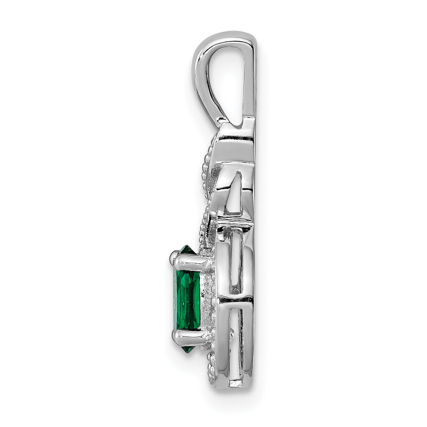 Sterling Silver Rhodium-Plated Emerald & Diamond Pendant - Elegant May Birthstone Charm