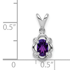 Sterling Silver 925 Rhodium-Plated Amethyst & Diamond Pendant – Polished Oval Design