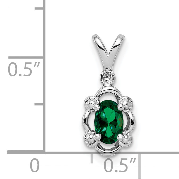 Sterling Silver Rhodium-plated Created Emerald & Diam. Pendant