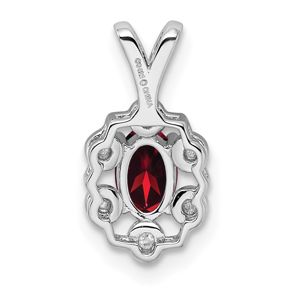 Sterling Silver Rhodium-Plated Garnet & Diamond Pendant, Polished Oval Design