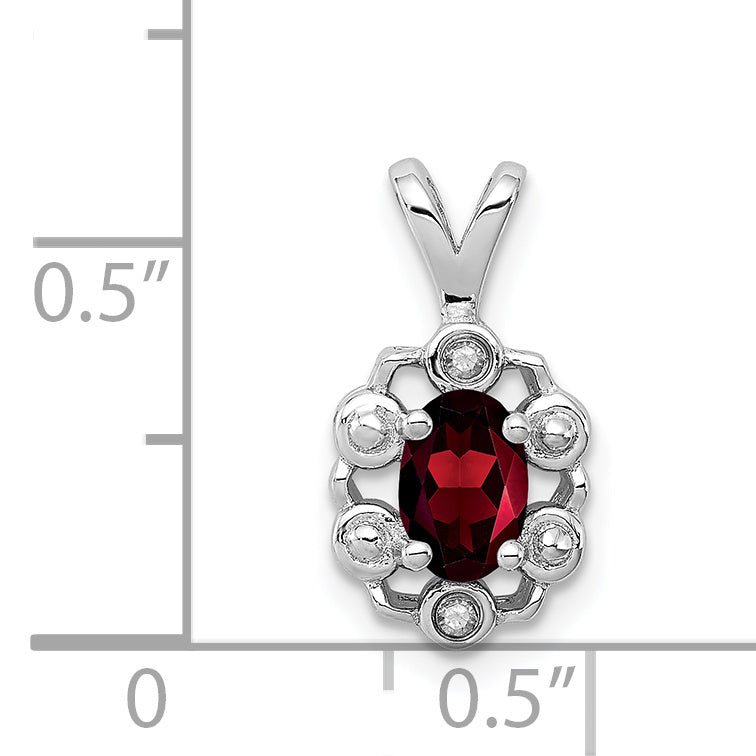 Sterling Silver Rhodium-Plated Garnet & Diamond Pendant, Polished Oval Design