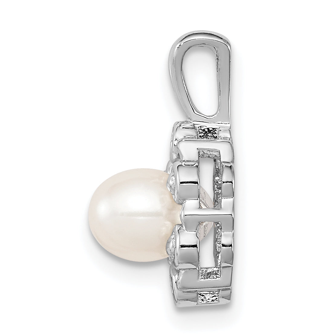 Sterling Silver Rhodium-Plated Pearl and Diamond Pendant  Elegant June Birthstone Necklace