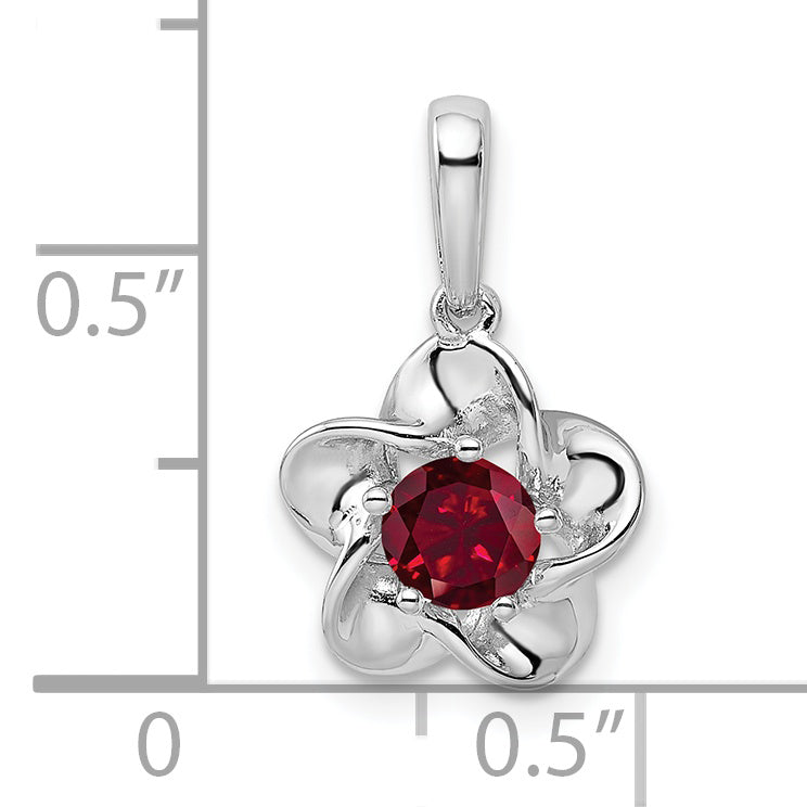 Sterling Silver Rhodium-Plated Ruby Pendant with Polished Floral Design