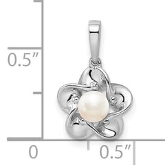 Sterling Silver Rhodium-Plated Pearl Pendant with Floral 3D Design  June Birthstone