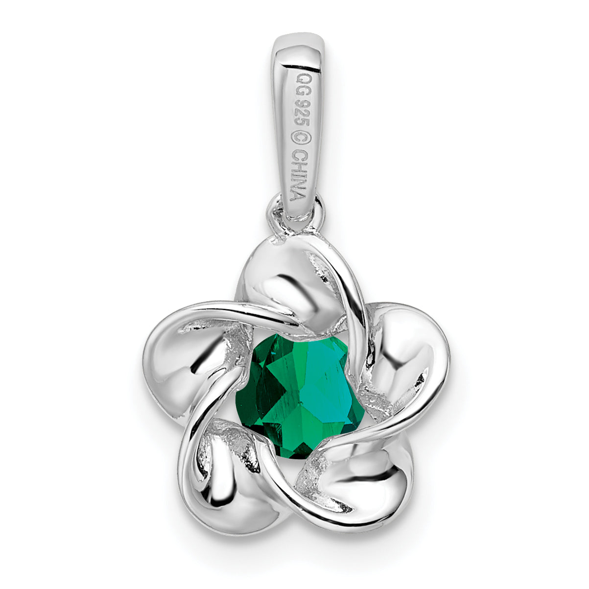 Sterling Silver 925 Floral Pendant with Lab-Created Emerald – Rhodium-Plated, Elegant Design for May Birthstone