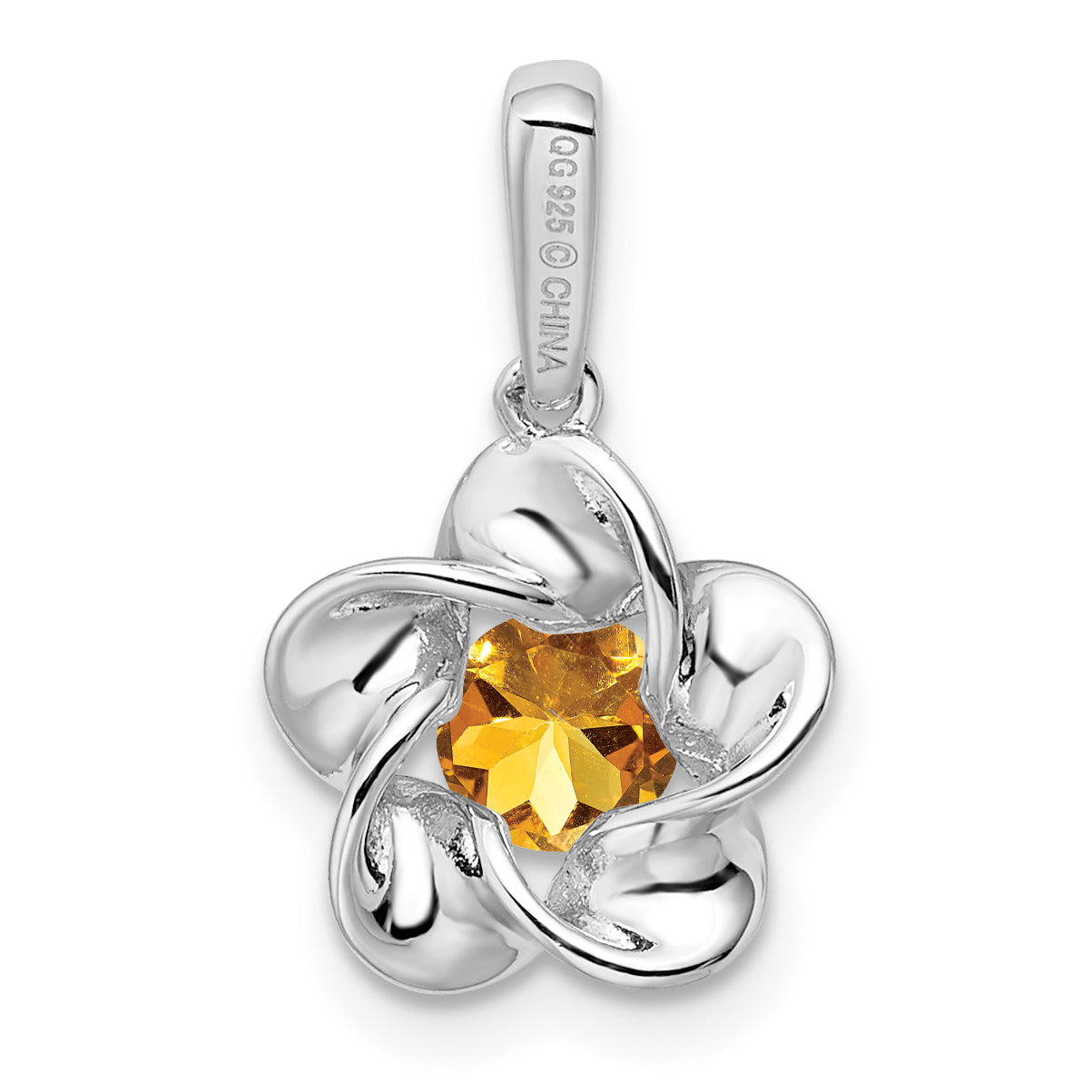 Sterling Silver 925 Citrine Pendant with Rhodium-Plated Floral Design