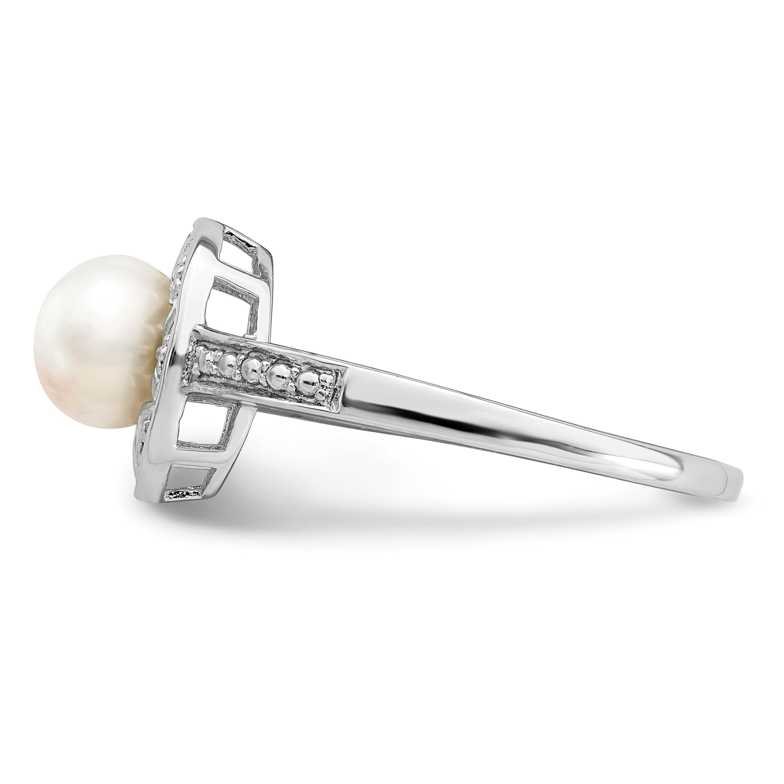 Sterling Silver Rhodium-plated Diamond & Fresh Water Cultured Pearl Ring