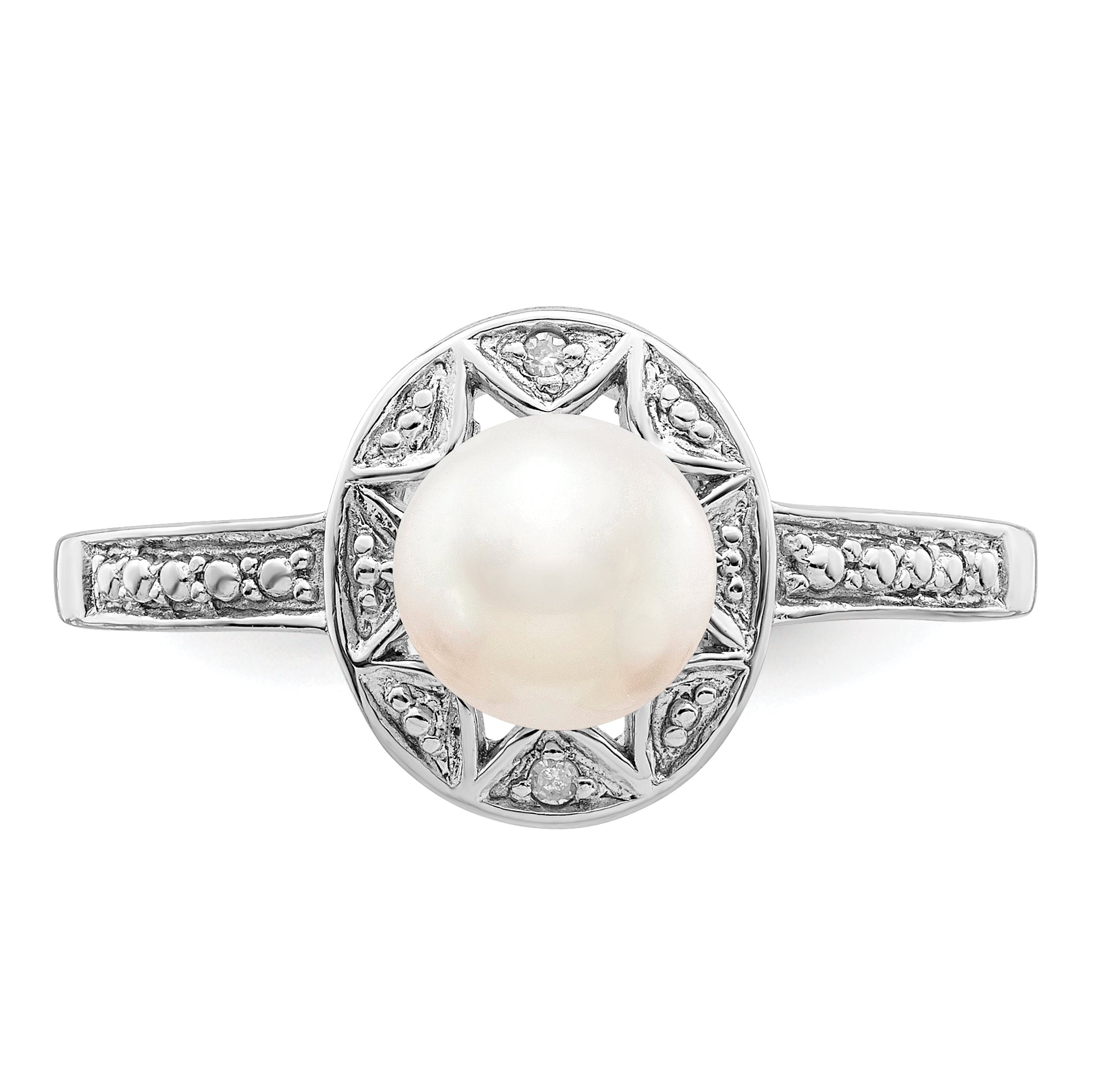 Sterling Silver Rhodium-plated Diamond & Fresh Water Cultured Pearl Ring