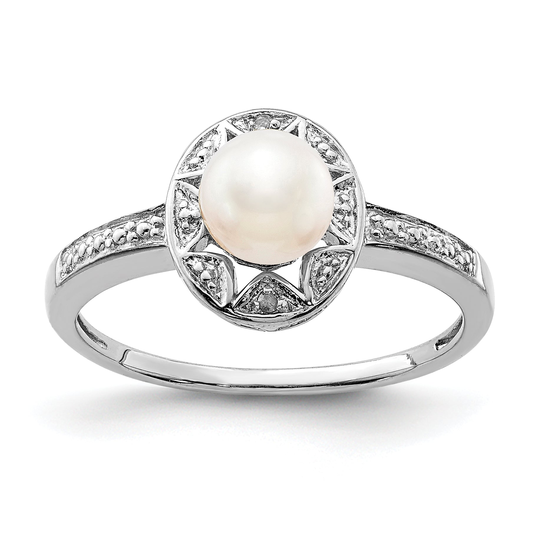 Sterling Silver Rhodium-plated Diamond & Fresh Water Cultured Pearl Ring