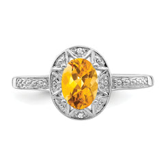 Sterling Silver Rhodium-plated Diamond & Citrine Ring