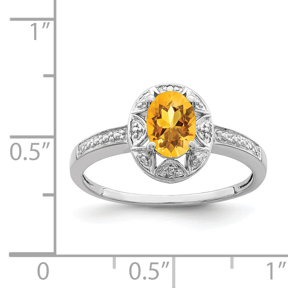 Sterling Silver Rhodium-plated Diamond & Citrine Ring