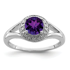 Sterling Silver Rhodium-plated Diamond & Amethyst Ring