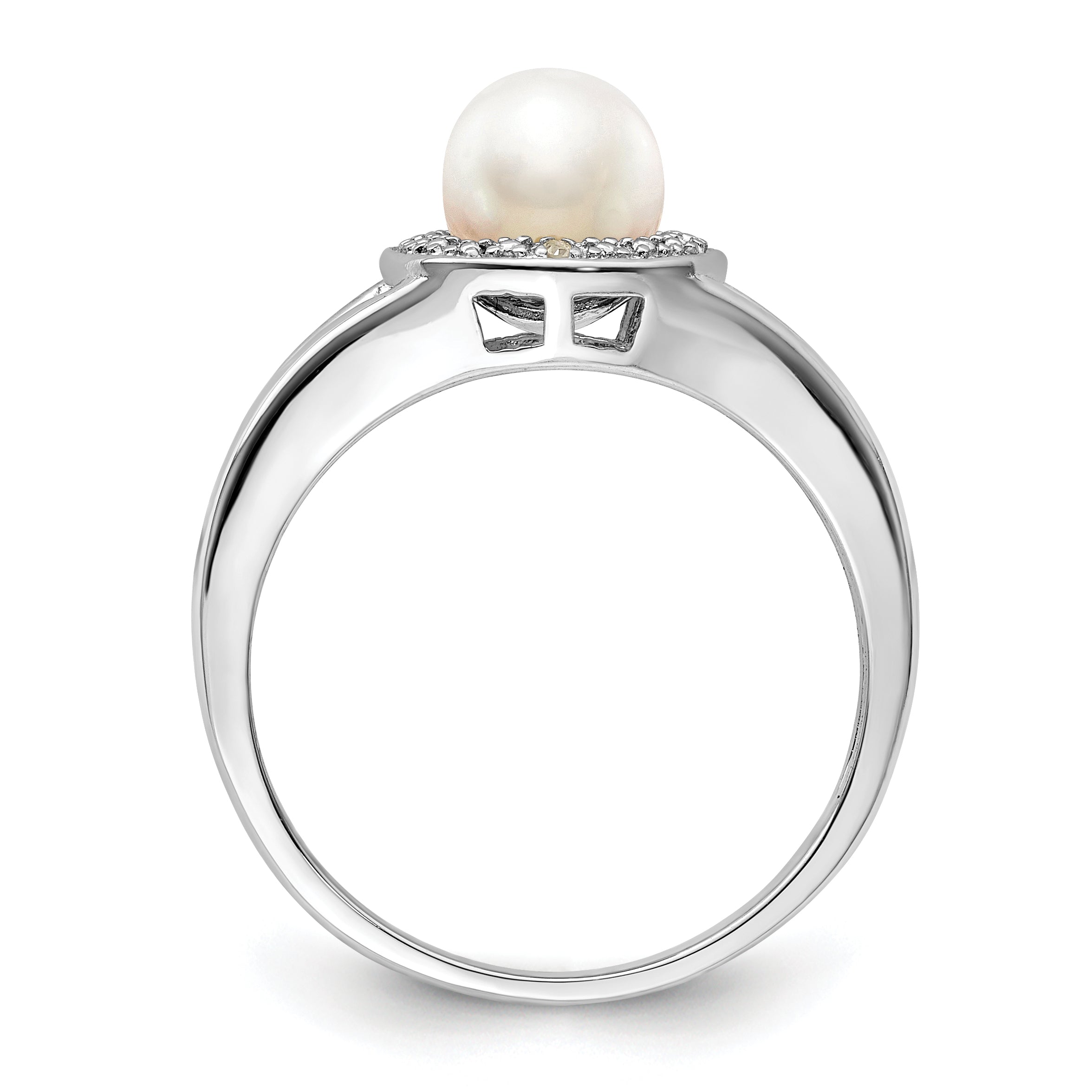 Sterling Silver Rhodium-plated Diamond & Fresh Water Cultured Pearl Ring