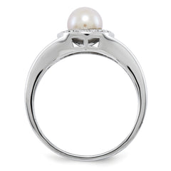 Sterling Silver Rhodium-plated Diamond & Fresh Water Cultured Pearl Ring