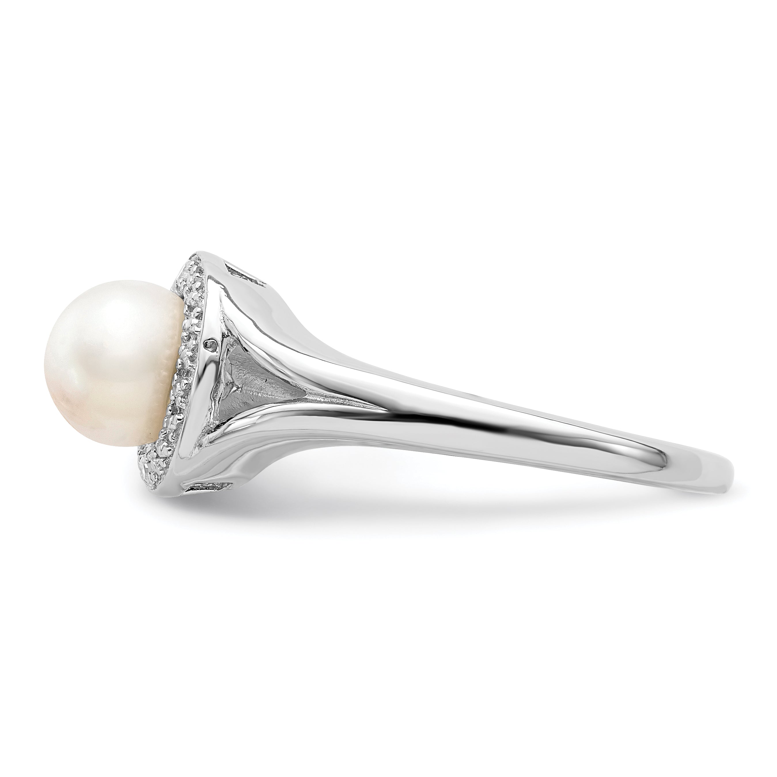 Sterling Silver Rhodium-plated Diamond & Fresh Water Cultured Pearl Ring