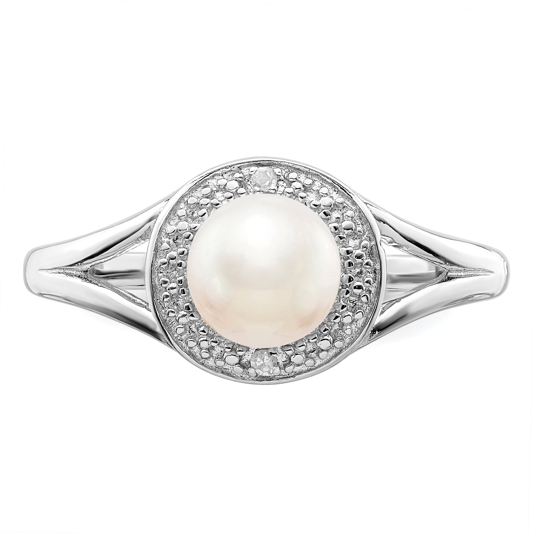 Sterling Silver Rhodium-plated Diamond & Fresh Water Cultured Pearl Ring