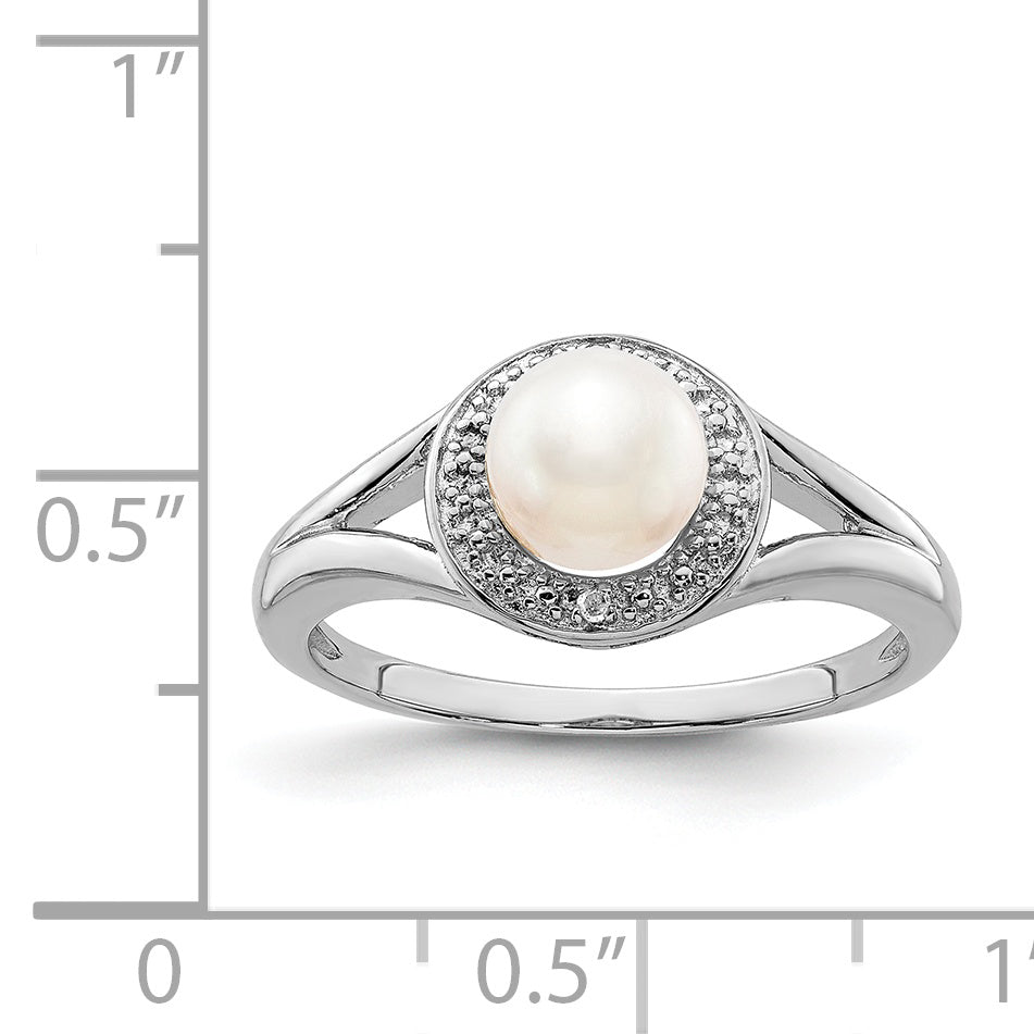 Sterling Silver Rhodium-plated Diamond & Fresh Water Cultured Pearl Ring