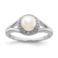 Sterling Silver Rhodium-plated Diamond & Fresh Water Cultured Pearl Ring