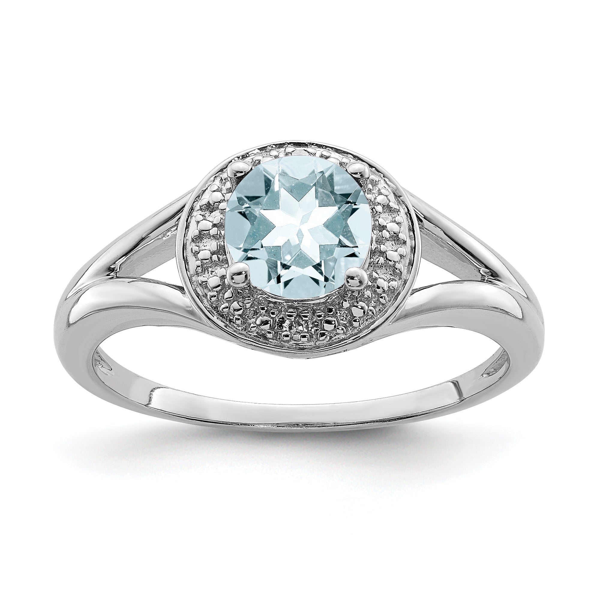 Sterling Silver Rhodium-plated Diamond & Aquamarine Ring