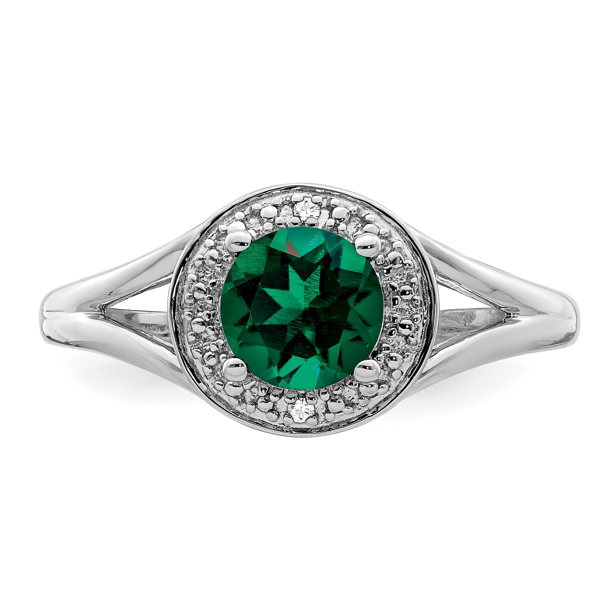 Sterling Silver Rhodium-plated Diamond & Created Emerald Ring