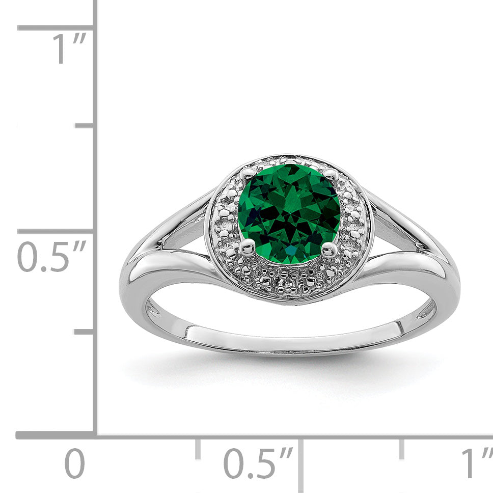 Sterling Silver Rhodium-plated Diamond & Created Emerald Ring