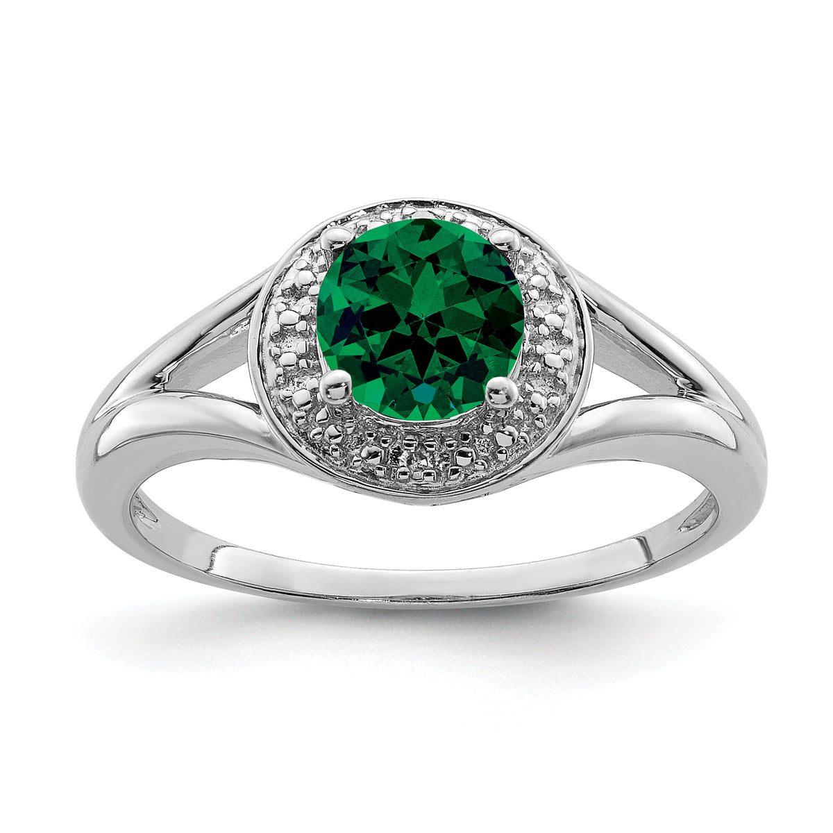 Sterling Silver Rhodium-plated Diamond & Created Emerald Ring