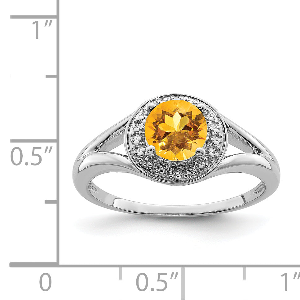 Sterling Silver Rhodium-plated Diamond & Citrine Ring