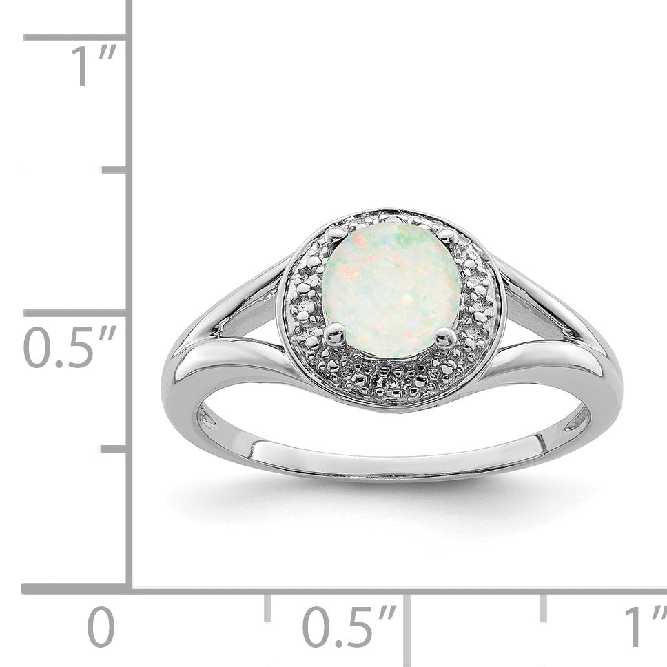 Sterling Silver Rhodium-plated Diamond & Created Opal Ring