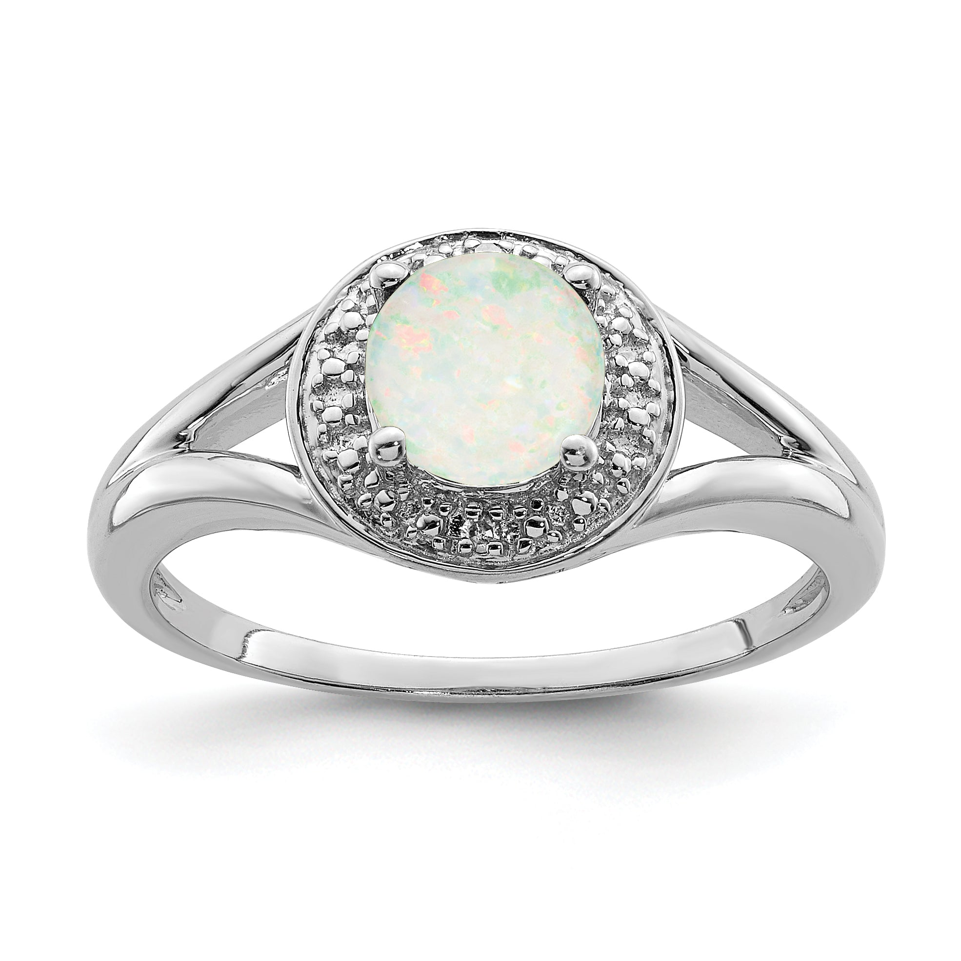 Sterling Silver Rhodium-plated Diamond & Created Opal Ring