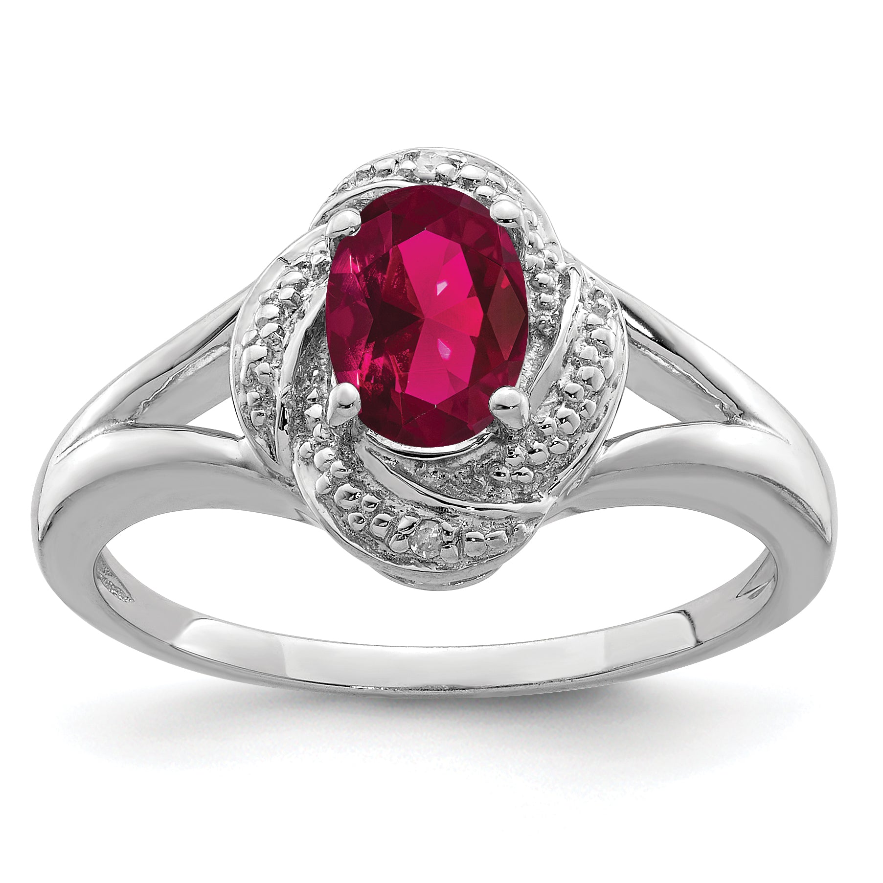 Sterling Silver Rhodium-plated Diamond & Created Ruby Ring