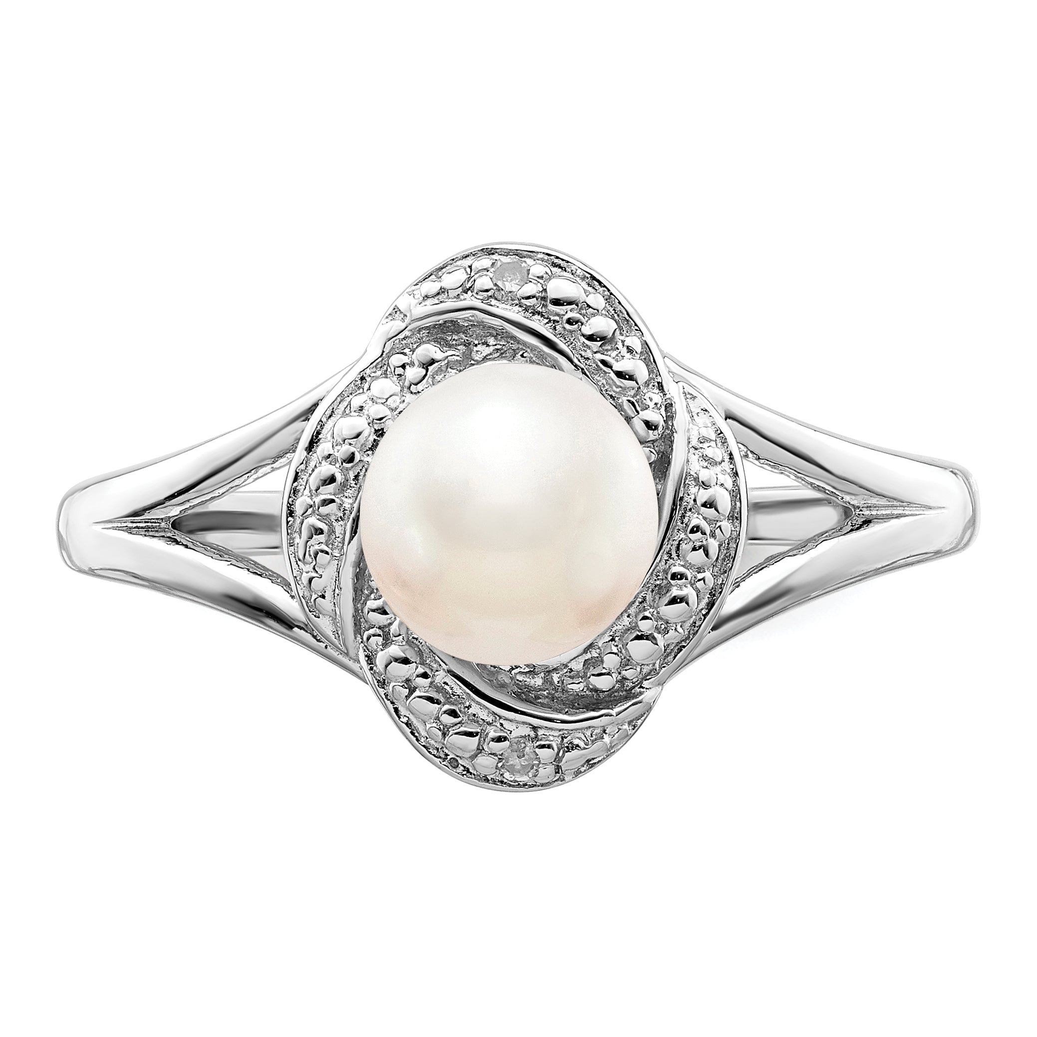 Sterling Silver Rhodium-plated Diamond & Fresh Water Cultured Pearl Ring