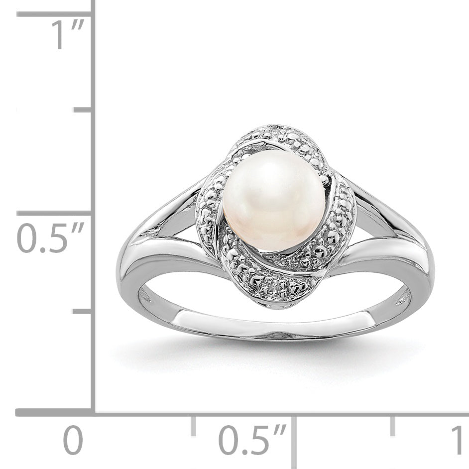 Sterling Silver Rhodium-plated Diamond & Fresh Water Cultured Pearl Ring