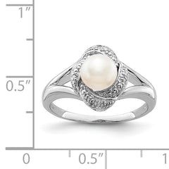 Sterling Silver Rhodium-plated Diamond & Fresh Water Cultured Pearl Ring