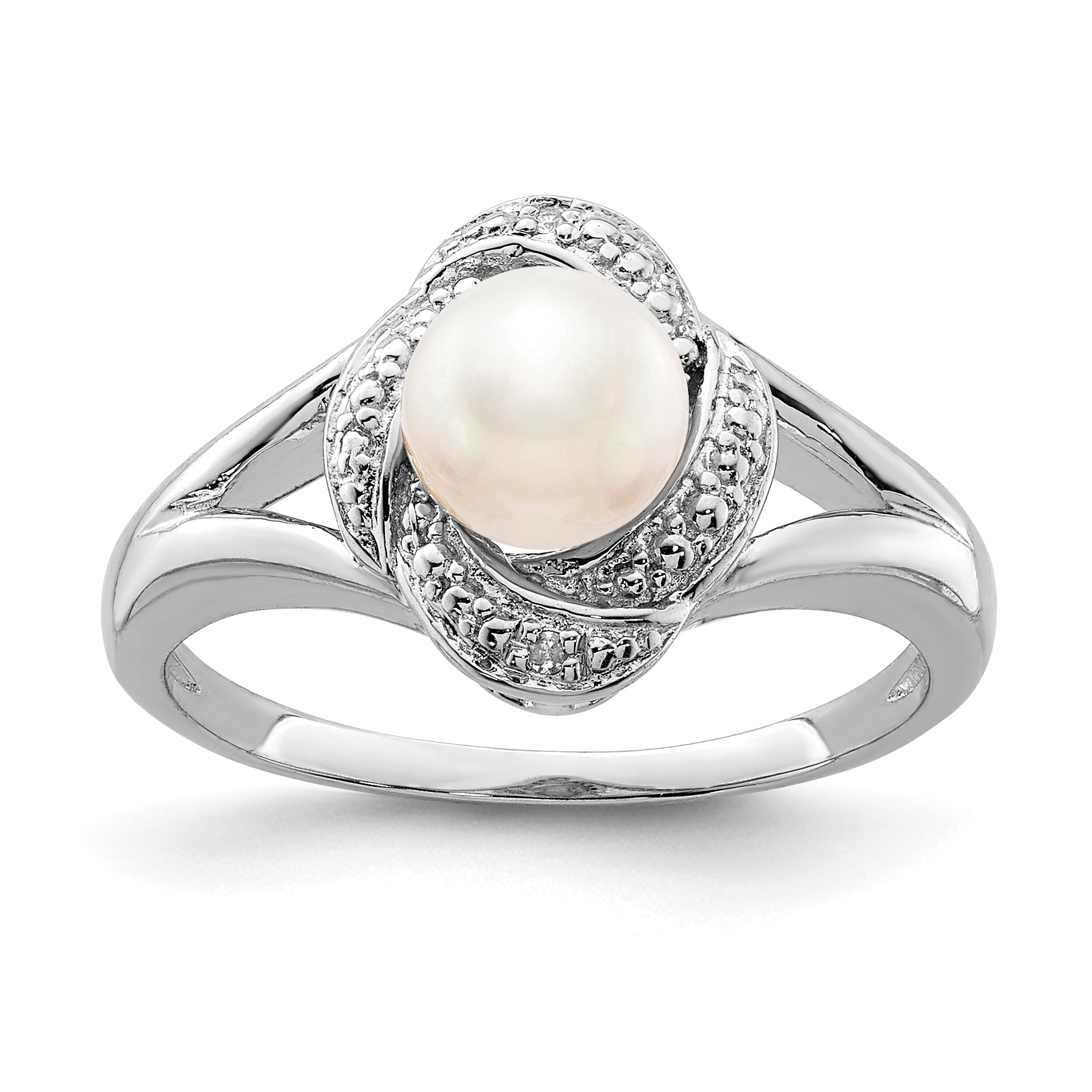 Sterling Silver Rhodium-plated Diamond & Fresh Water Cultured Pearl Ring