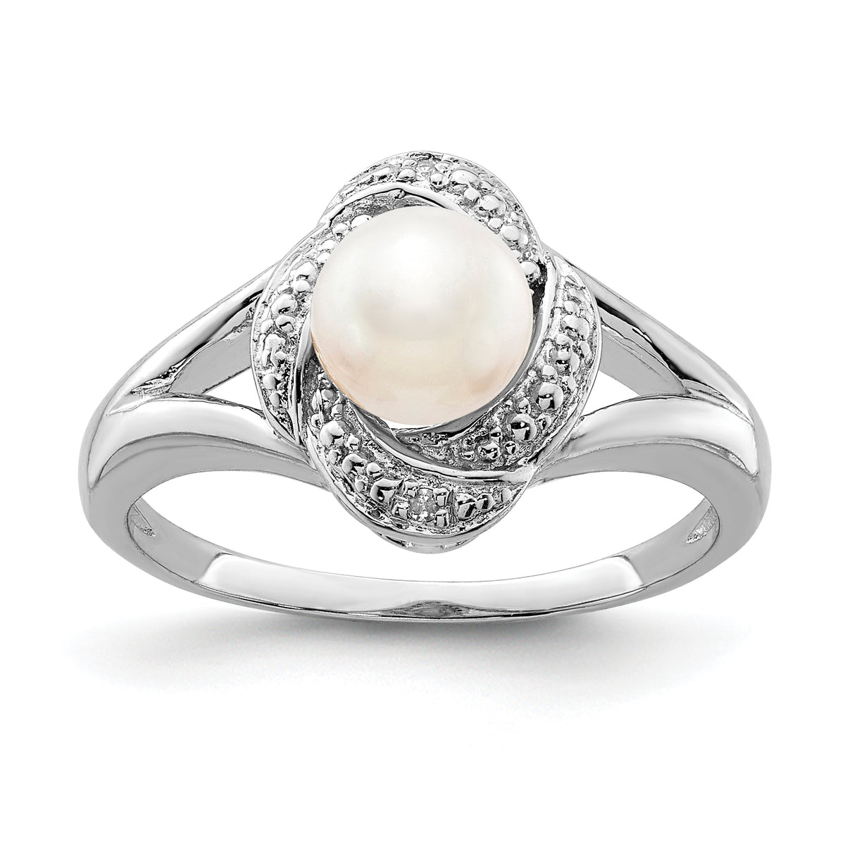 Sterling Silver Rhodium-plated Diamond & Fresh Water Cultured Pearl Ring