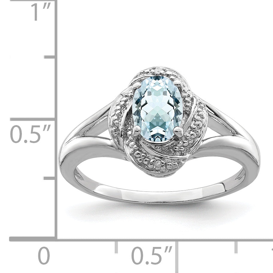 Sterling Silver Rhodium-plated Diamond & Aquamarine Ring