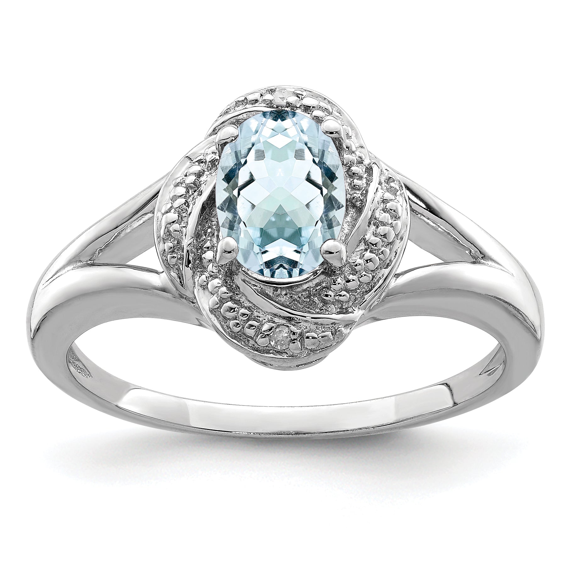 Sterling Silver Rhodium-plated Diamond & Aquamarine Ring